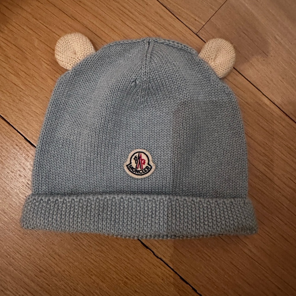 Moncler Kids Blue Beanie with Beige Ears